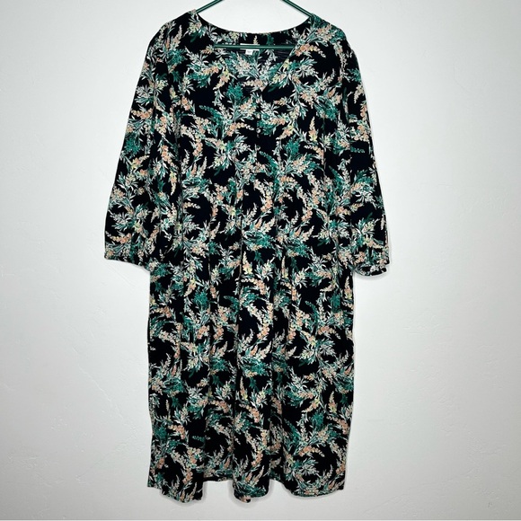 J. Jill Floral 100% Cotton Midi Dress 3/4 Sleeves V Neck Navy Green Peach Yellow - Picture 1 of 12